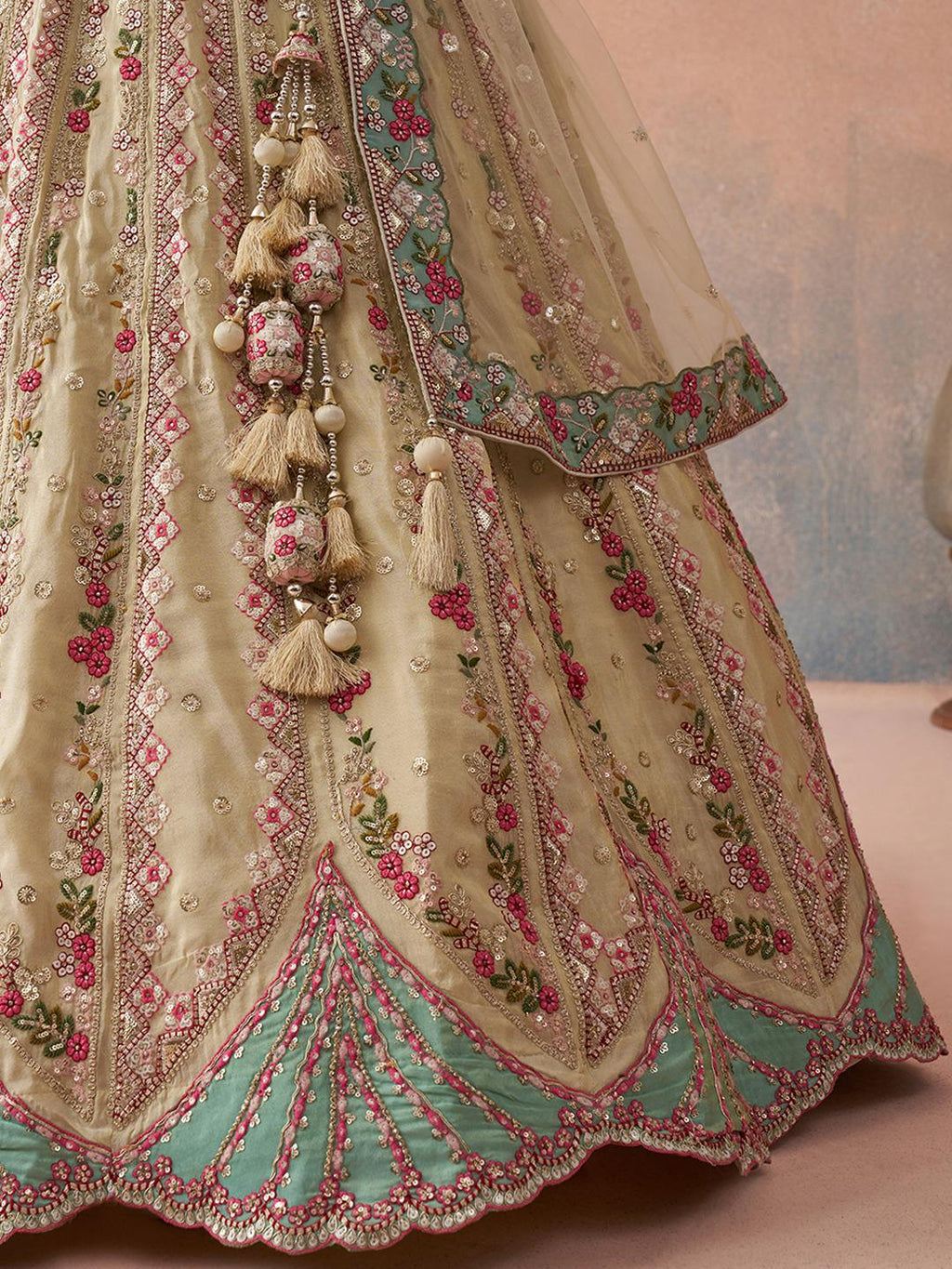 Cream Tissue Lehenga Choli Set, Sequins Embroidery, Wedding Party Wear
