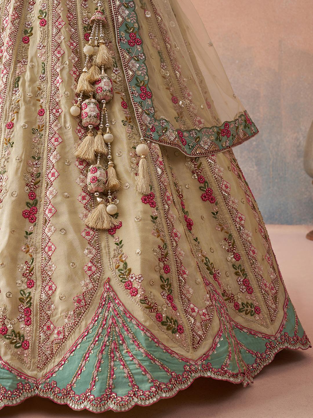 Cream Tissue Lehenga Choli Set, Sequins Embroidery, Wedding Party Wear