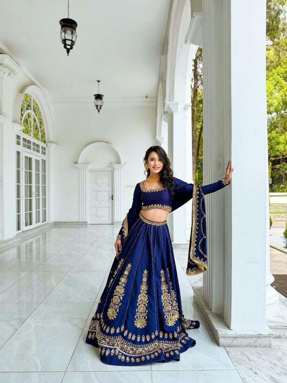 Embroidered Chinon Lehenga Choli Set | Wedding Festive Wear, Sequin Work Dupatta