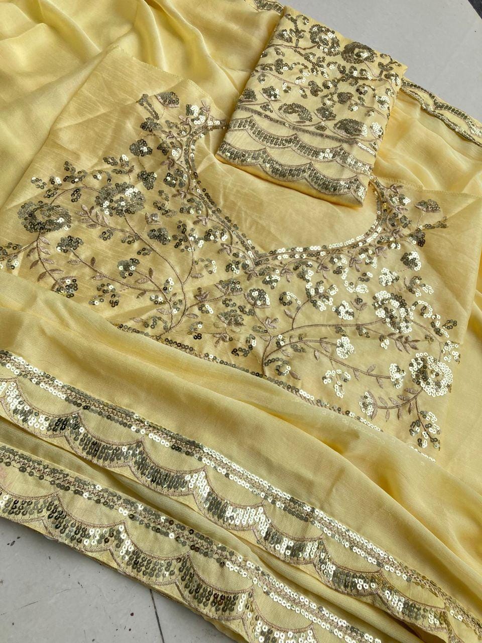 Moss Chiffon Saree, Sequins Lace Border, Embroidered Banglory Silk Blouse, Festive Party Wear