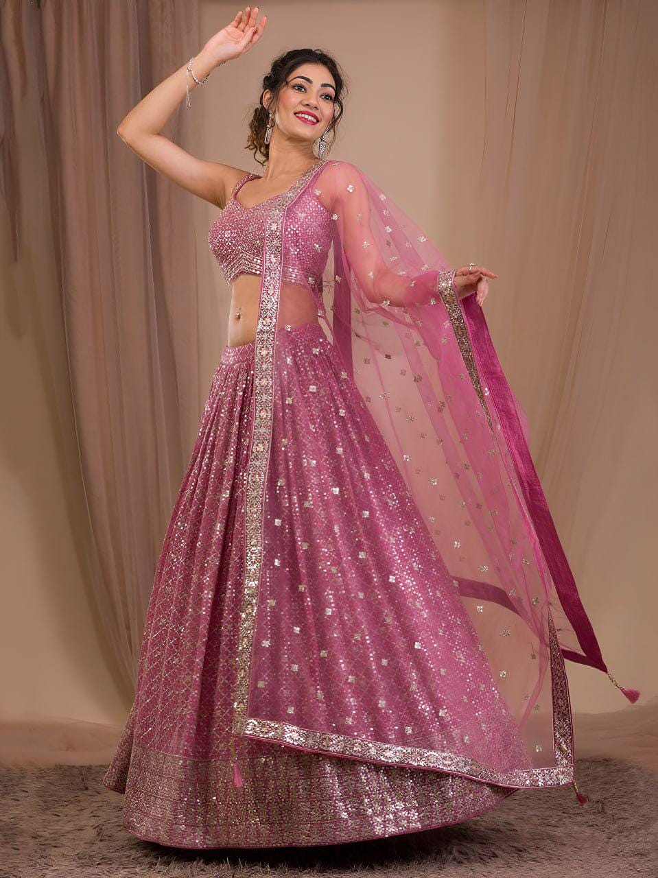 Rosy Mauve Georgette Lehenga Choli Set | Zari Sequins Embroidered Wedding Outfit Net Dupatta
