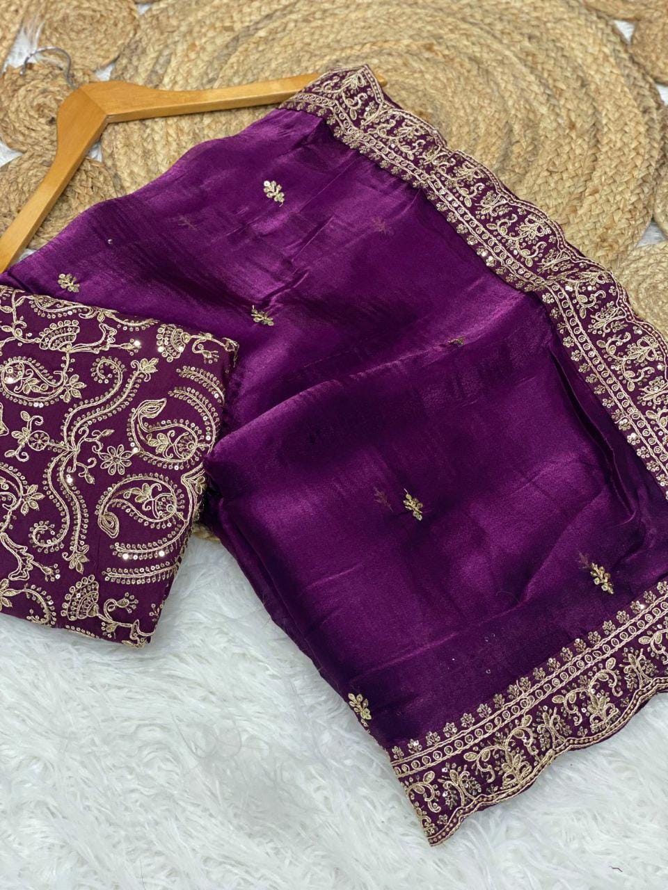 Designer Jimichu Satin Saree with Cutwork Lace Border | Heavy Embroidered Blouse, Festive Wear
