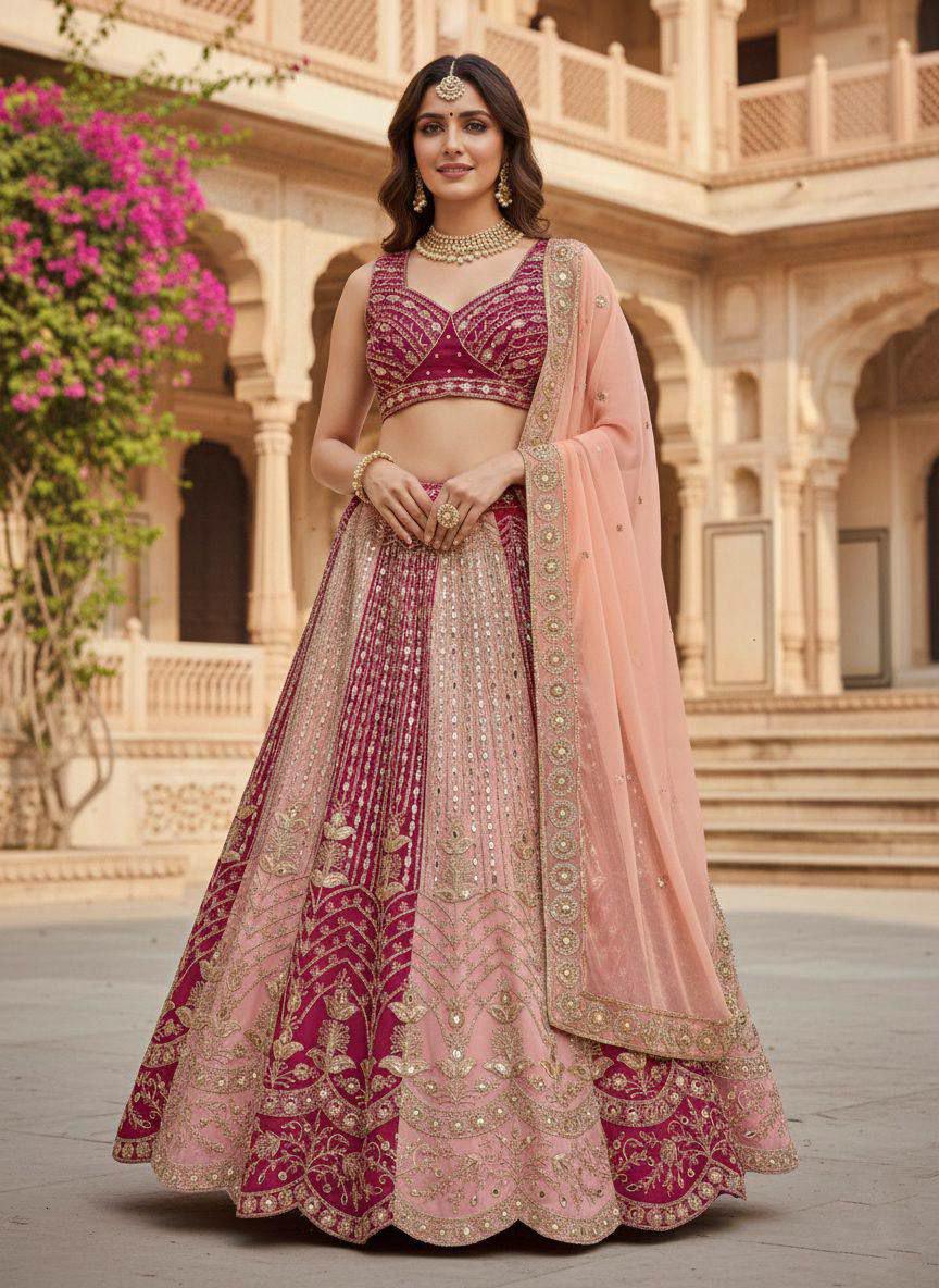Faux Georgette Lehenga Choli, Mirror Work, Grand Flare Bridal Set