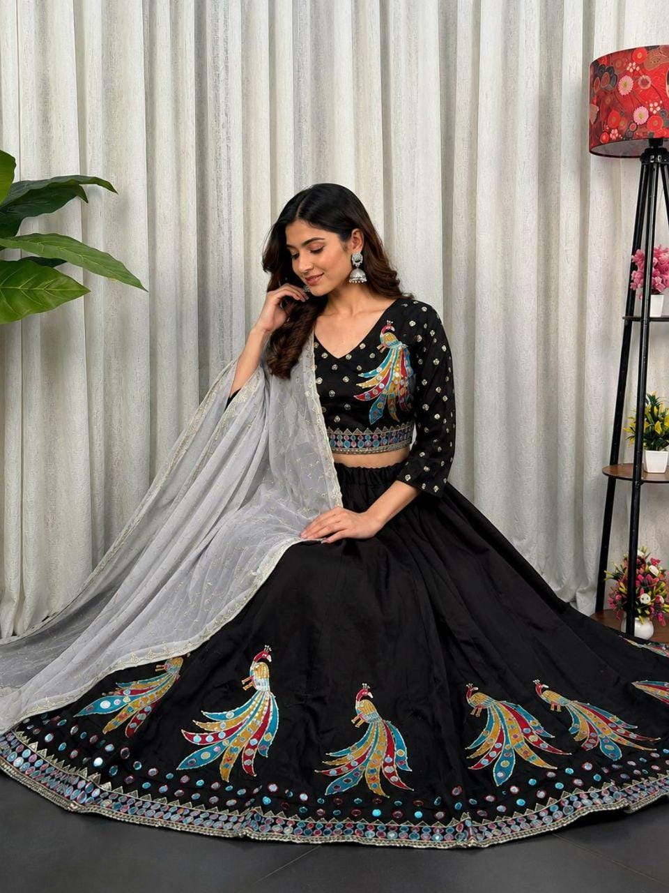 Embroidered Roman Silk Lehenga Choli Set | Peacock Sequin Work Wedding Outfit