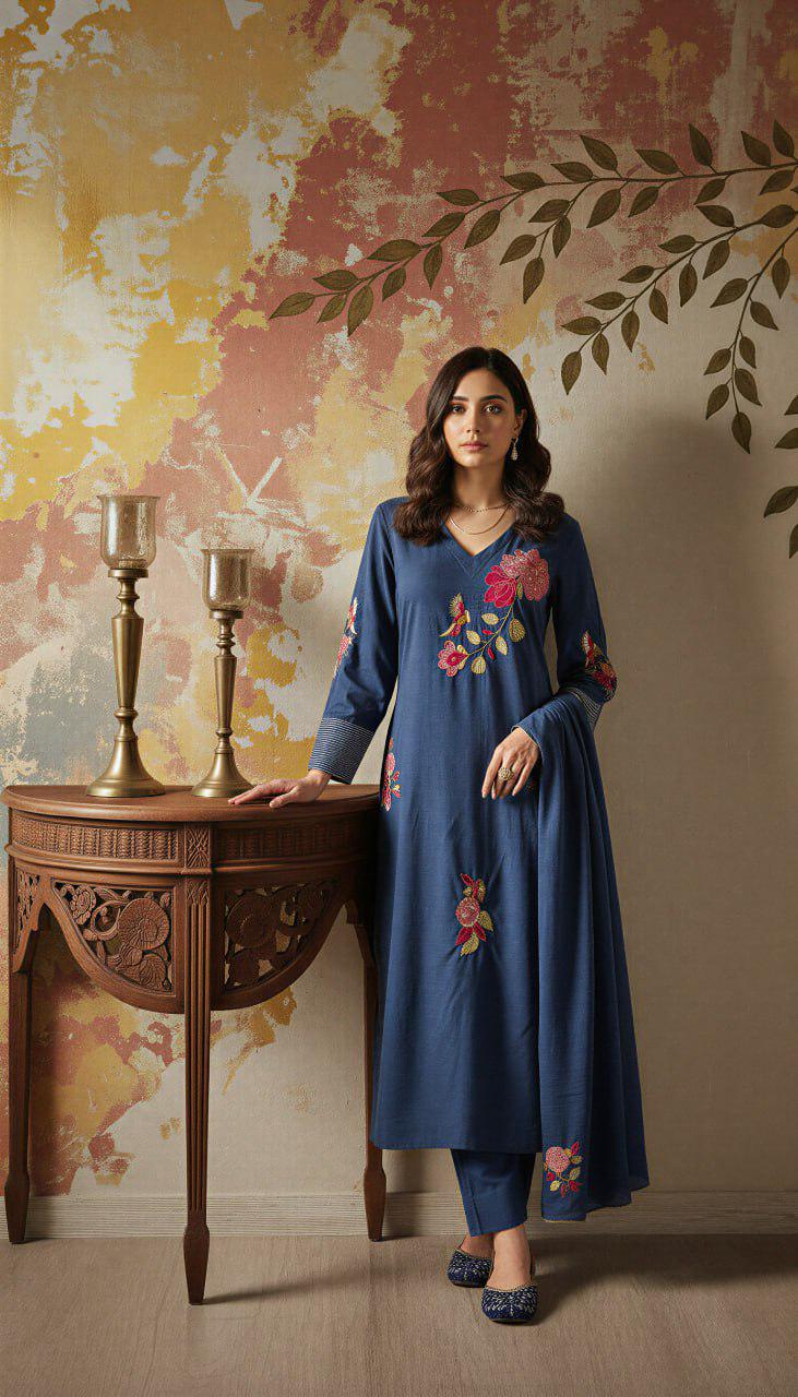 Embroidered Chanderi Silk Kurta Pant Set with Dupatta, Indian Ethnic Festive Wear