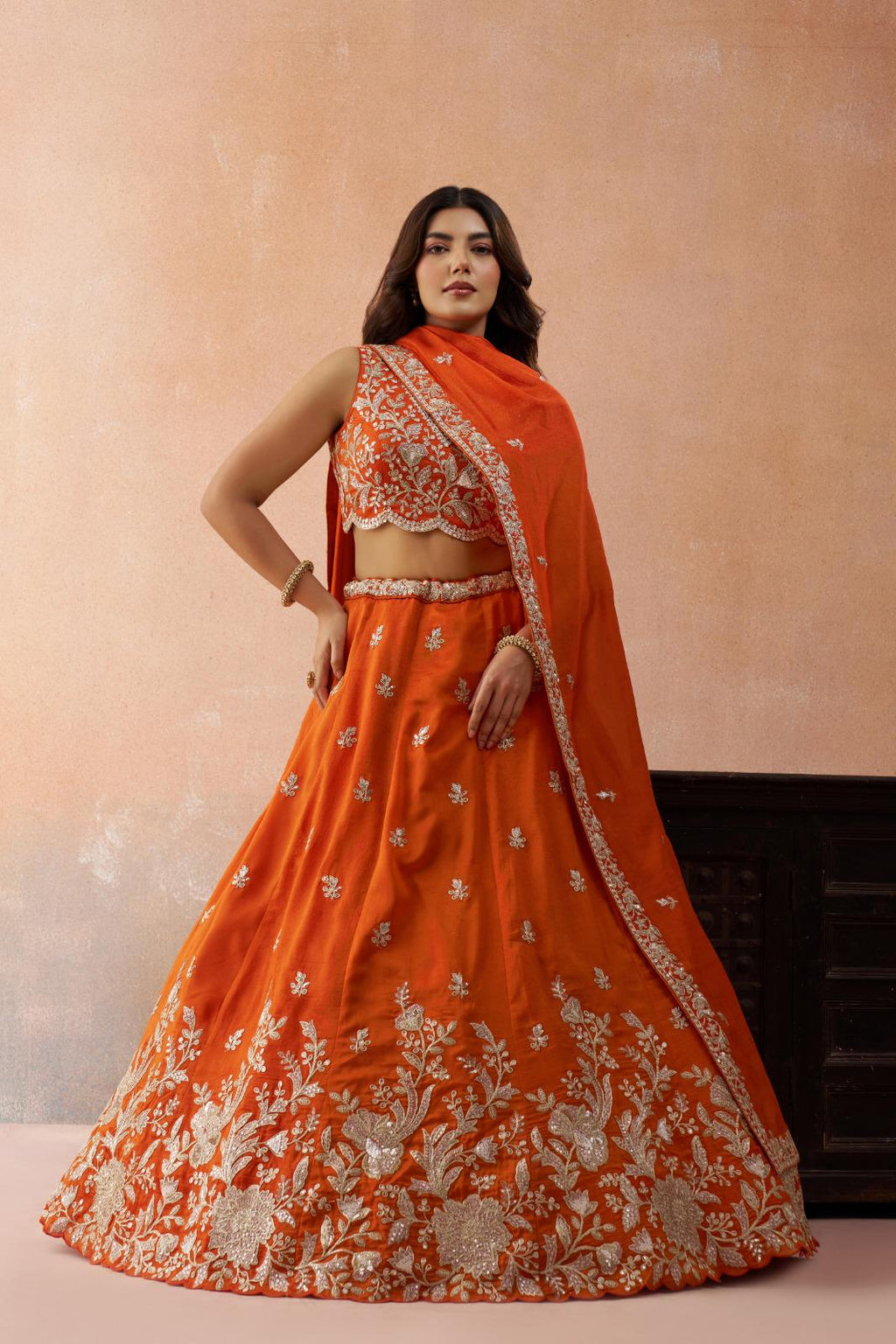 Olive Tissue Lehenga Choli Set, Sequins Zari Embroidery, Bridal Party Wear