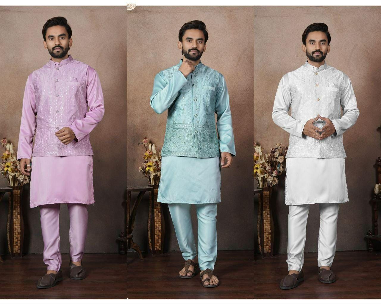 Men's Malai Satin Kurta Koti Pyjama Set, Wedding Ethnic Party Wear
