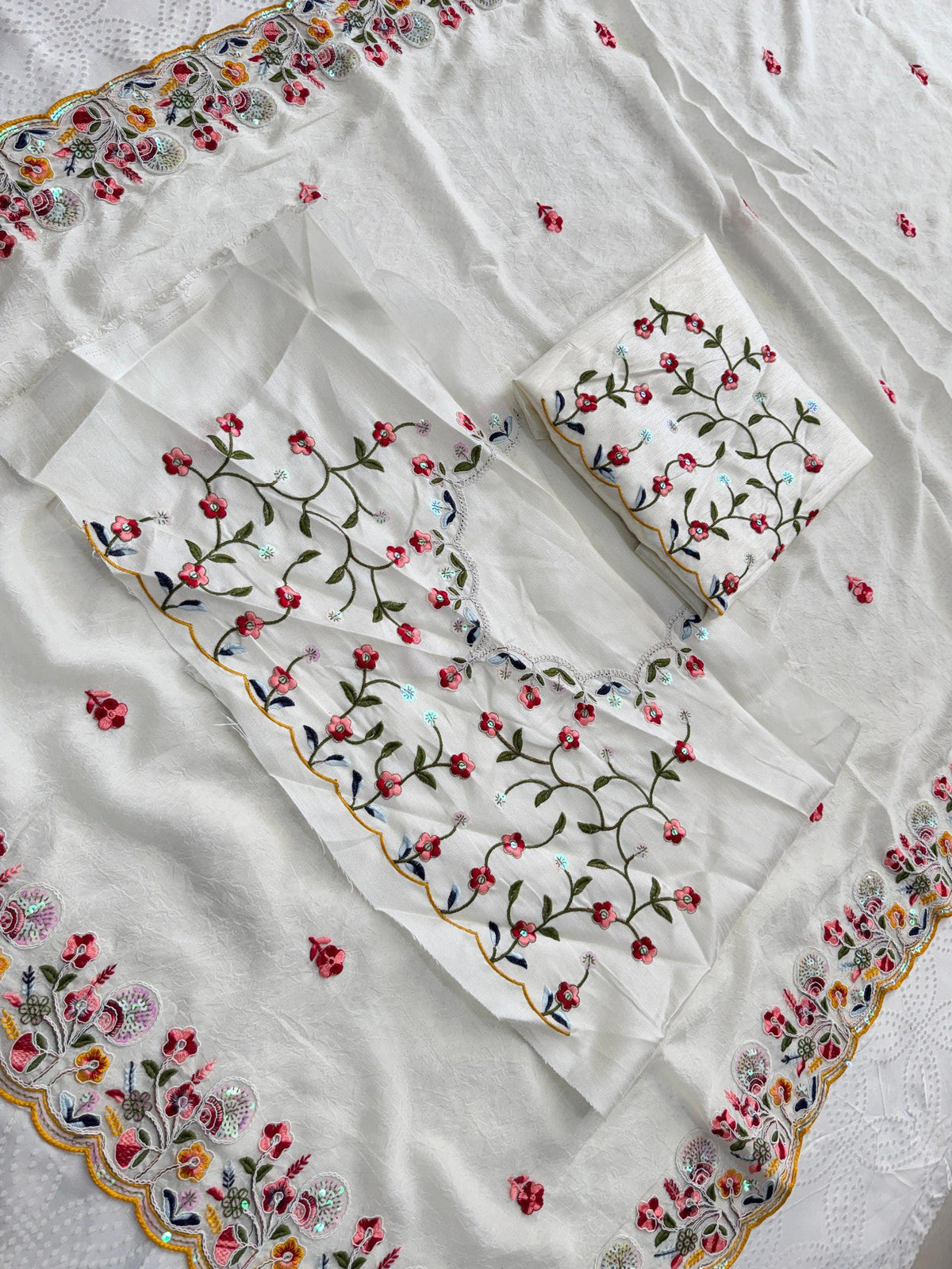 Crush Silk Embroidered Saree with Cutwork Border | Festive Wedding Wear, Mono Banglory Silk Blouse