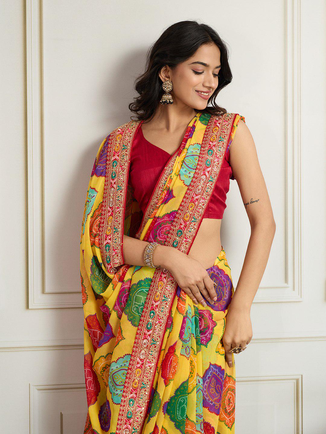 Rajwadi Bandhej Print Georgette Saree | Heavy Embroidered Lace Border, Silk Blouse Piece