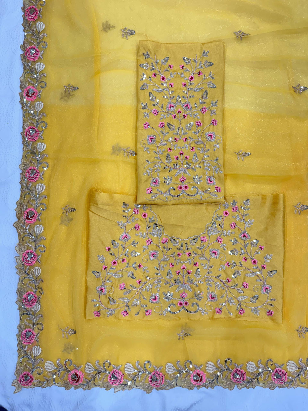 Yellow Chiffon Silk Saree, Heavy Embroidery, Cutwork Border, Festive Wedding Wear