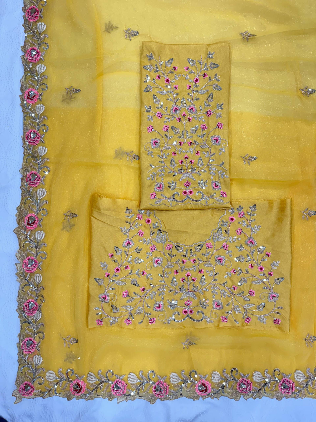 Yellow Chiffon Silk Saree, Heavy Embroidery, Cutwork Border, Festive Wedding Wear