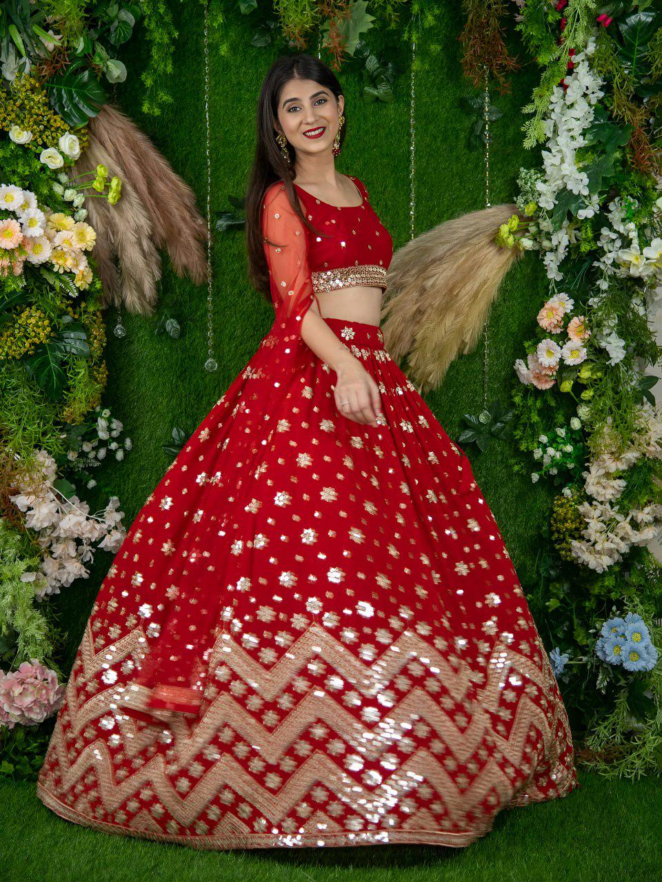 Red Georgette Lehenga Choli, Sequins Zari Embroidery, Net Blouse Dupatta, Semi Stitched Wedding Set