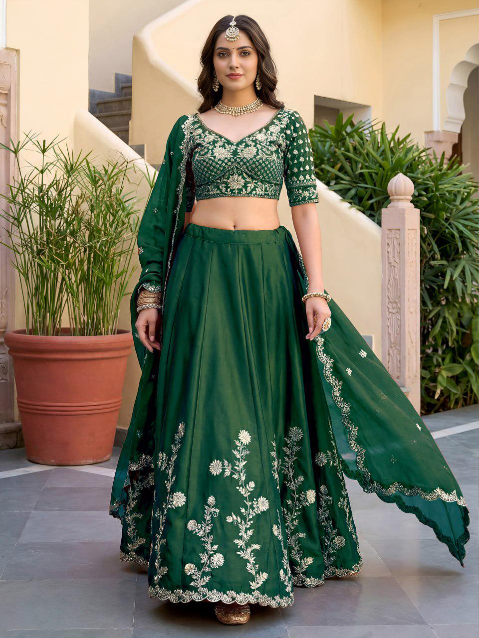Bottle Green Rangoli Silk Lehenga Choli Set | Zari Dori Sequins Embroidery, Festive Outfit