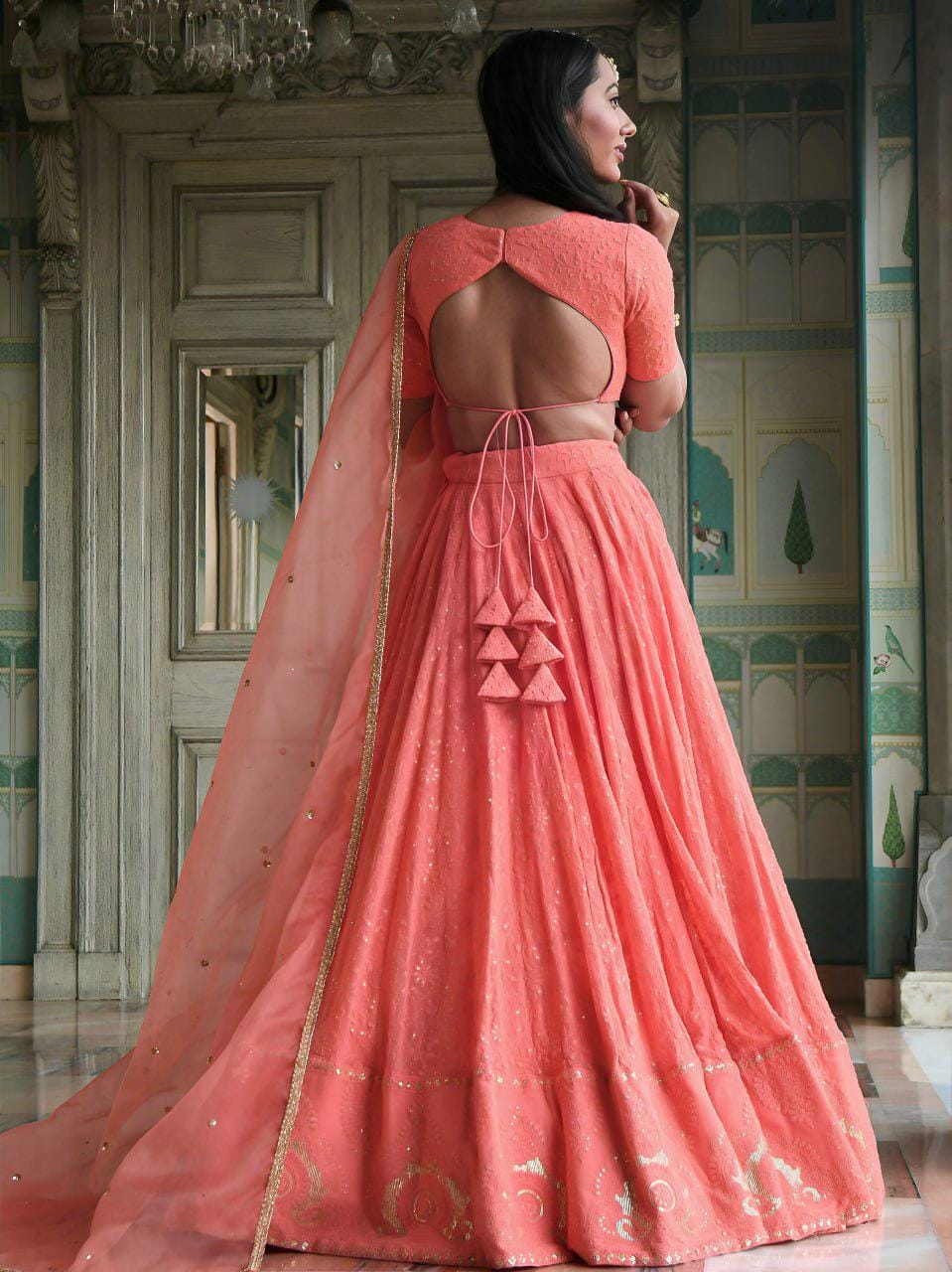 Peach Georgette Lehenga Choli Set | Thread Sequins Embroidered | Semi-Stitched Wedding Outfit