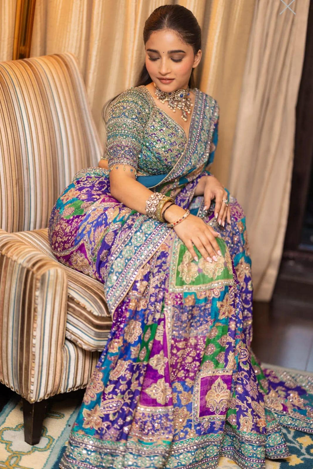 Chinon Silk Saree, Real Mirror Work, Printed Designer, Festive Party Wear (Unstitched Blouse)