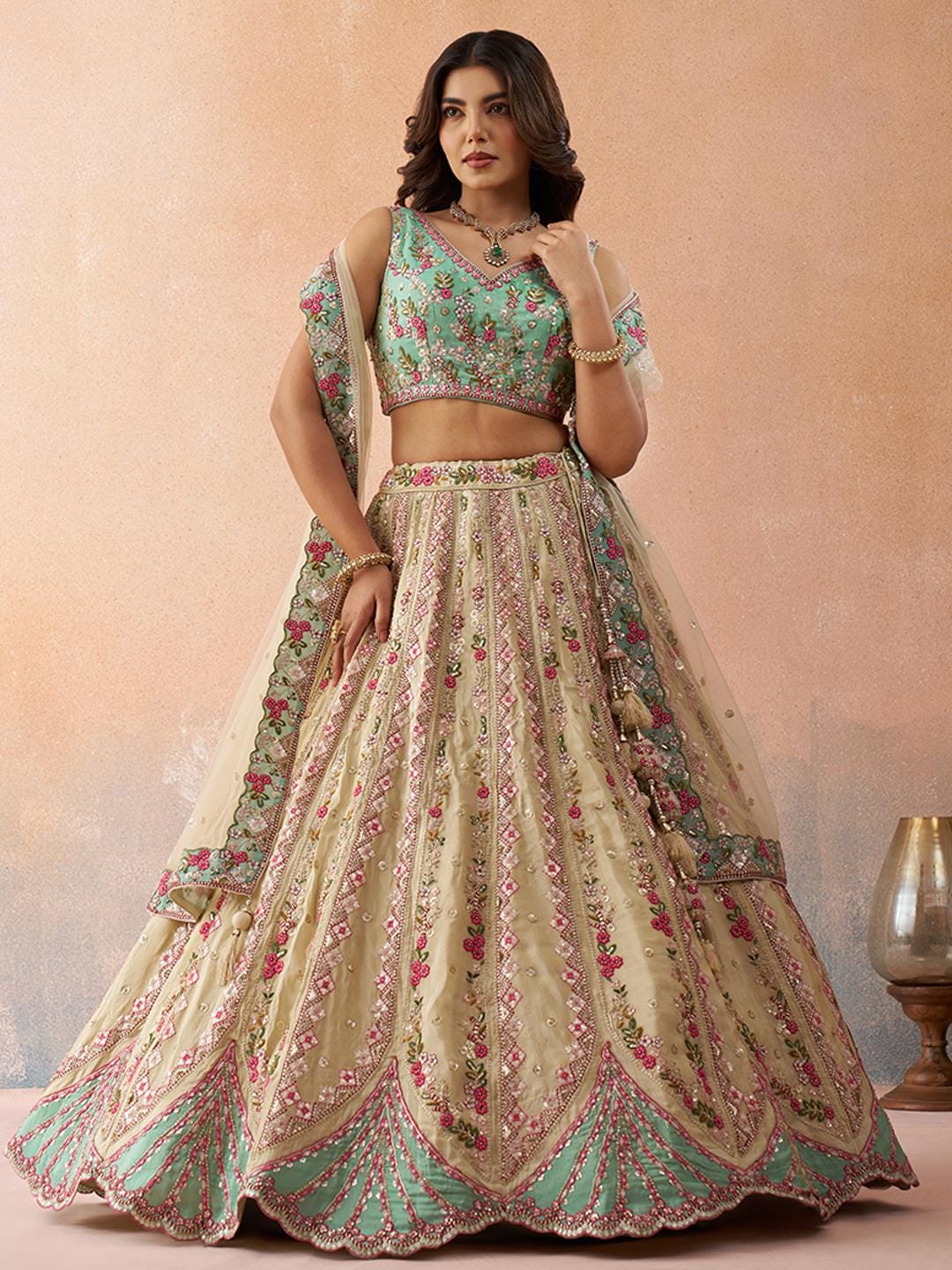 Cream Tissue Lehenga Choli Set, Sequins Embroidery, Wedding Party Wear