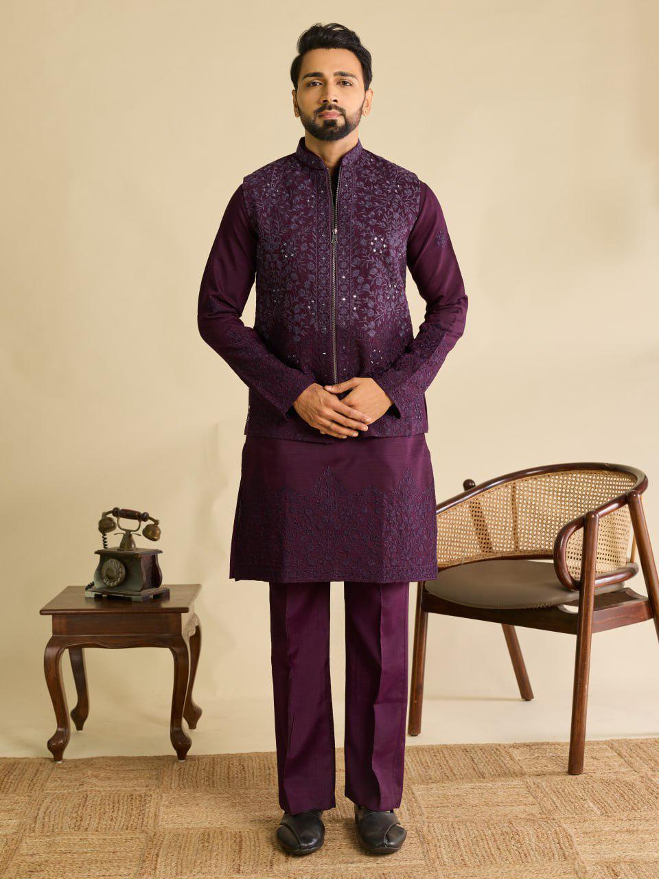 Art Silk Kurta Koti Set | Real Mirror Multi Thread Embroidery Wedding Outfit