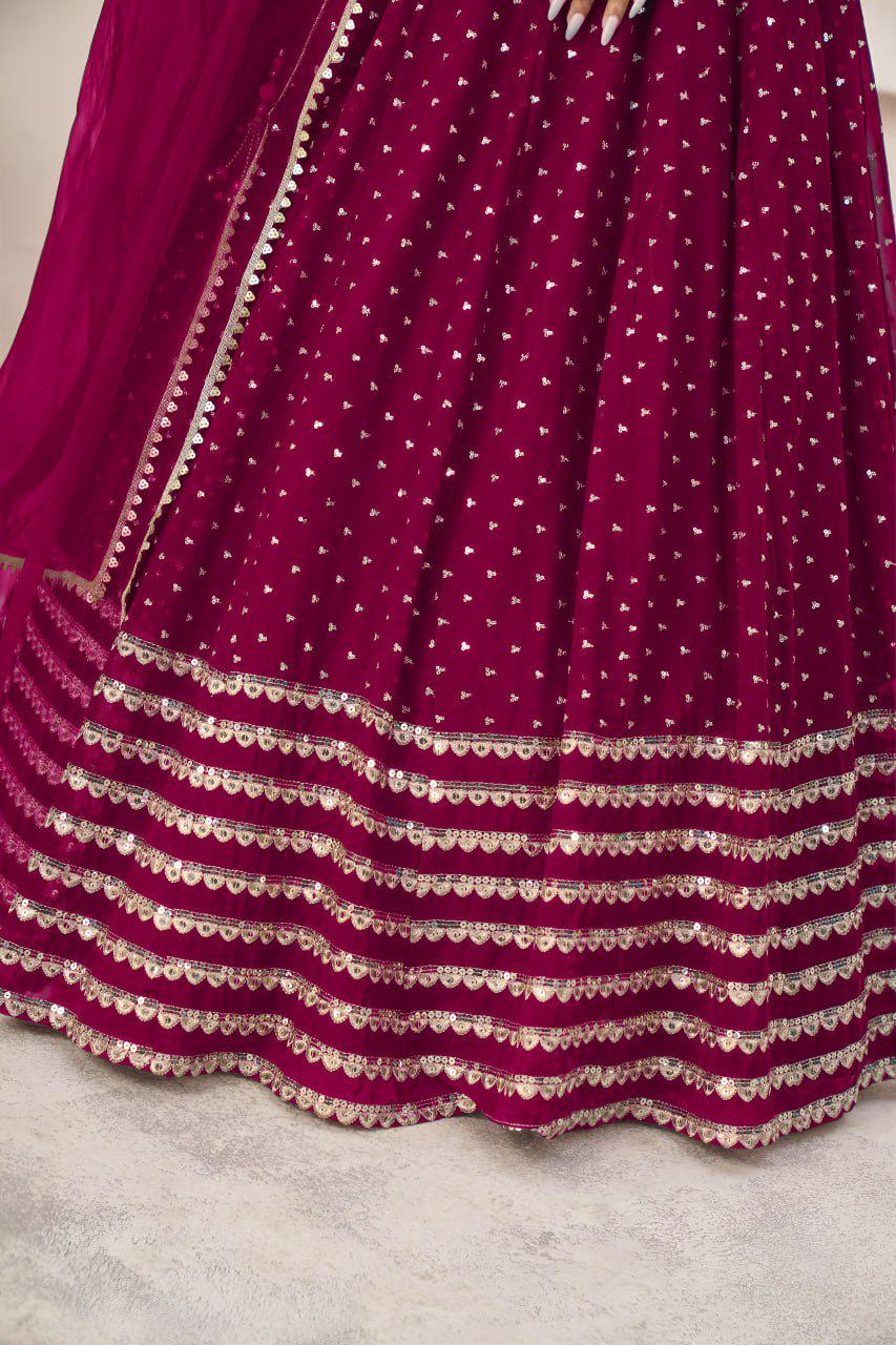 Rani Pink Georgette Lehenga Choli Set | Zari Sequins Embroidery, Festive Wear