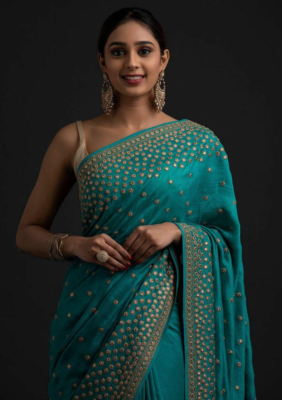 Two-Tone Vichitra Silk Saree | Gota Paper Embroidery, Mono Silk Blouse, Festive Wear