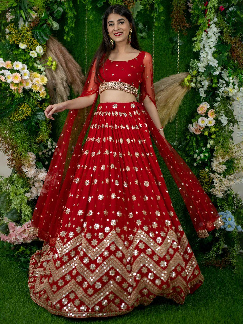 Red Georgette Lehenga Choli, Sequins Zari Embroidery, Net Blouse Dupatta, Semi Stitched Wedding Set