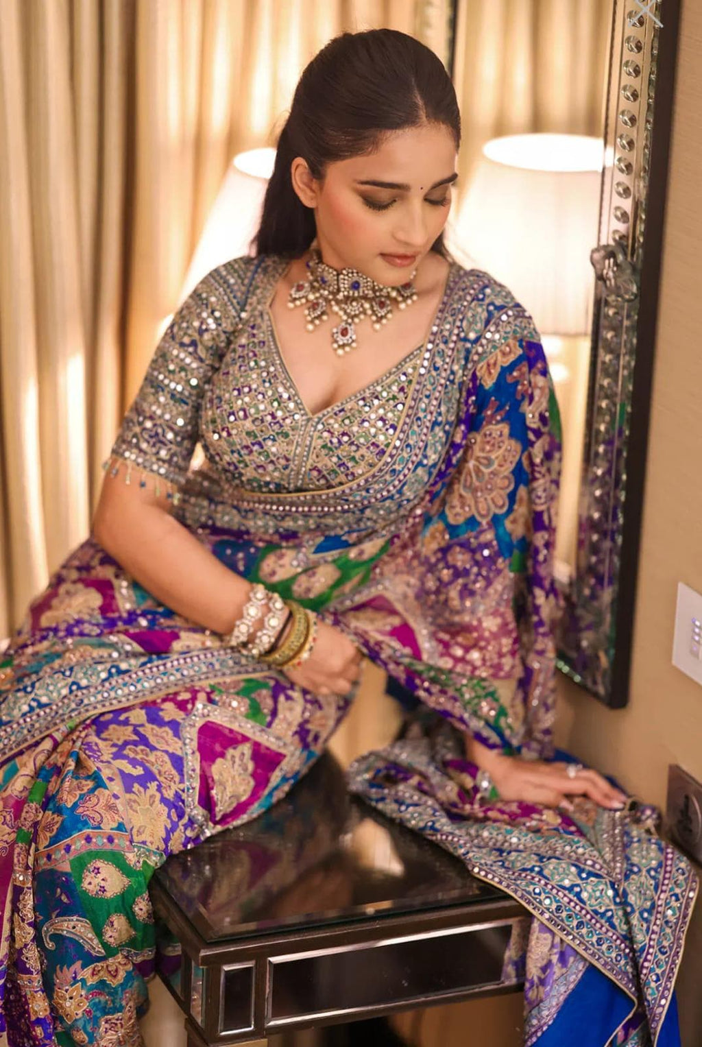 Chinon Silk Saree, Real Mirror Work, Printed Designer, Festive Party Wear (Unstitched Blouse)