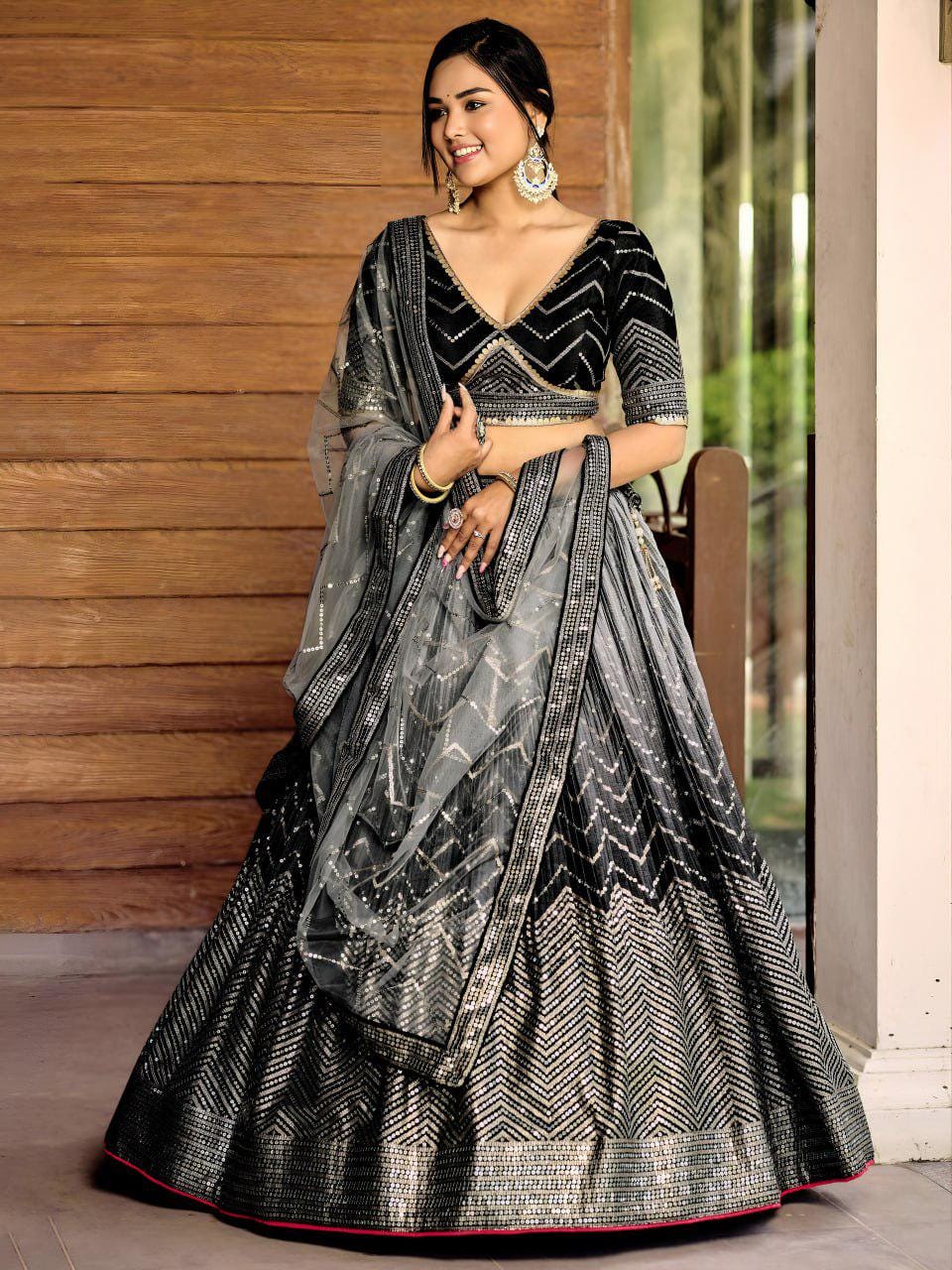 Black Chinnon Lehenga Choli Set | Sequin Embroidered Wedding A-Line Lehenga, Net Dupatta