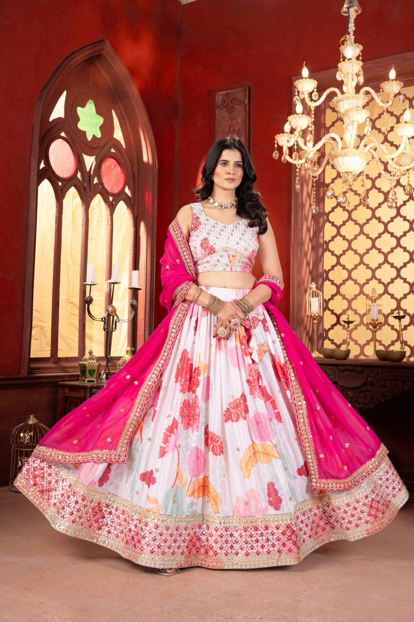 Chinon Silk Lehenga Choli | Digital Print, Sequins Embroidery, 4 Meter Flair, Indian Wedding Wear