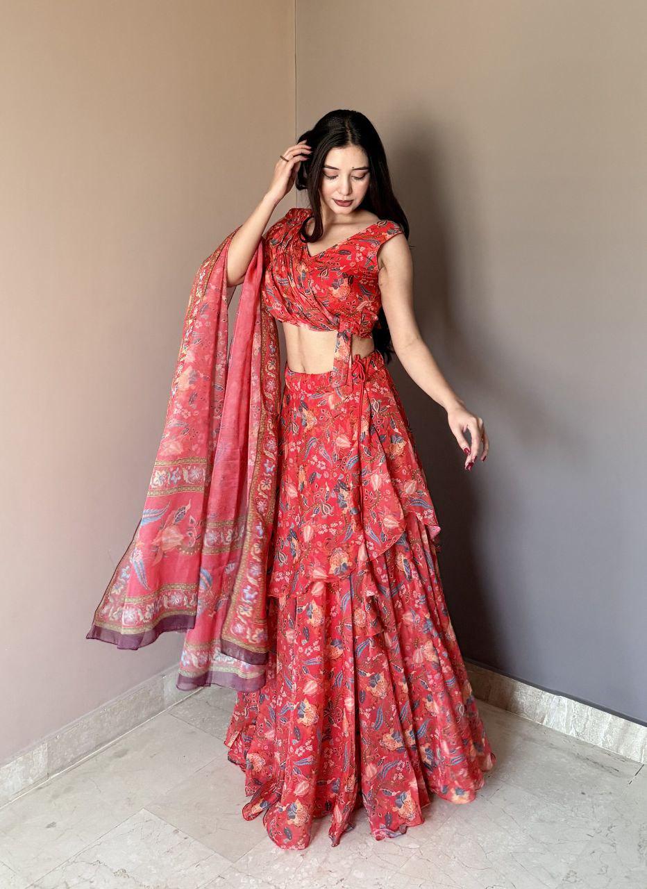 Floral Print Lehenga Choli Set | Sleeveless Padded Blouse, Multi-Panel Skirt, Printed Dupatta