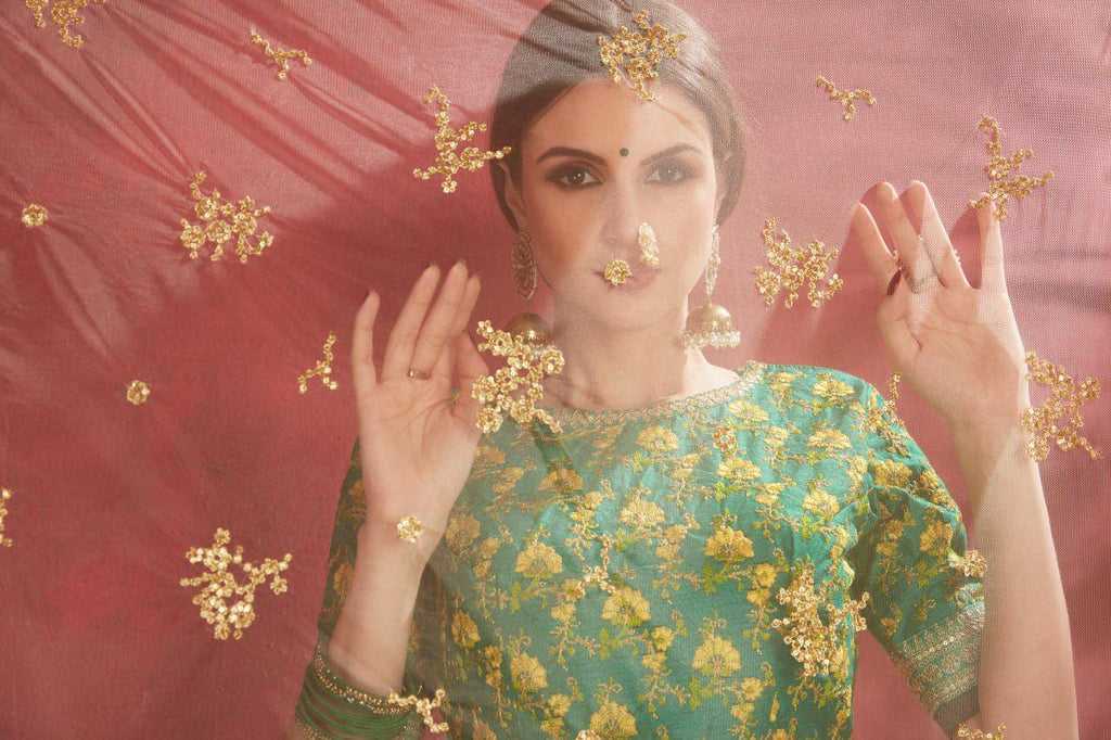 Ivory Floral Lehenga Choli | Green Embroidered Blouse, Net Dupatta, Semi-Stitched Wedding Wear