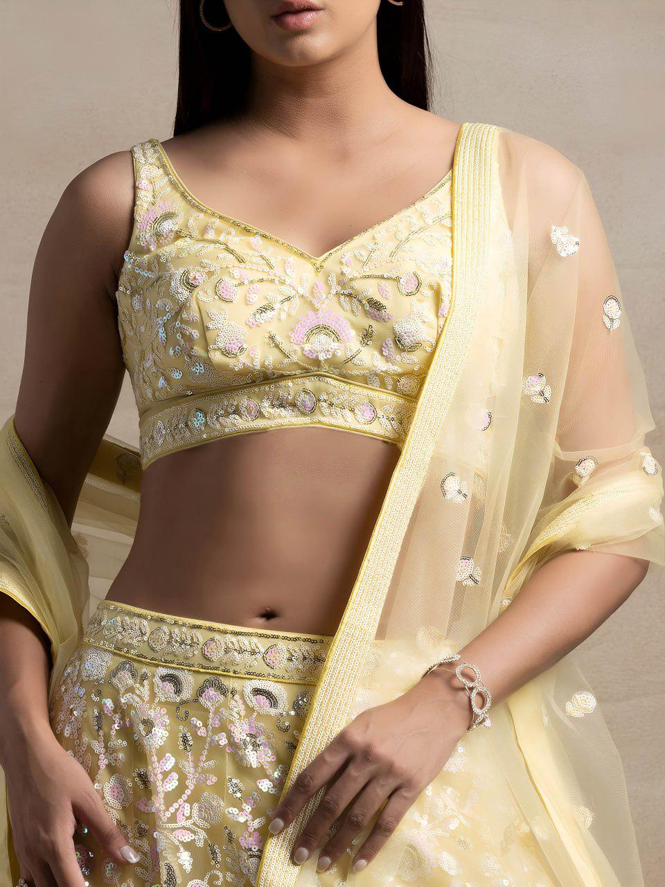 Pastel Yellow Soft Net Lehenga Choli | Floral Thread Sequins Embroidery (Semi-Stitched)