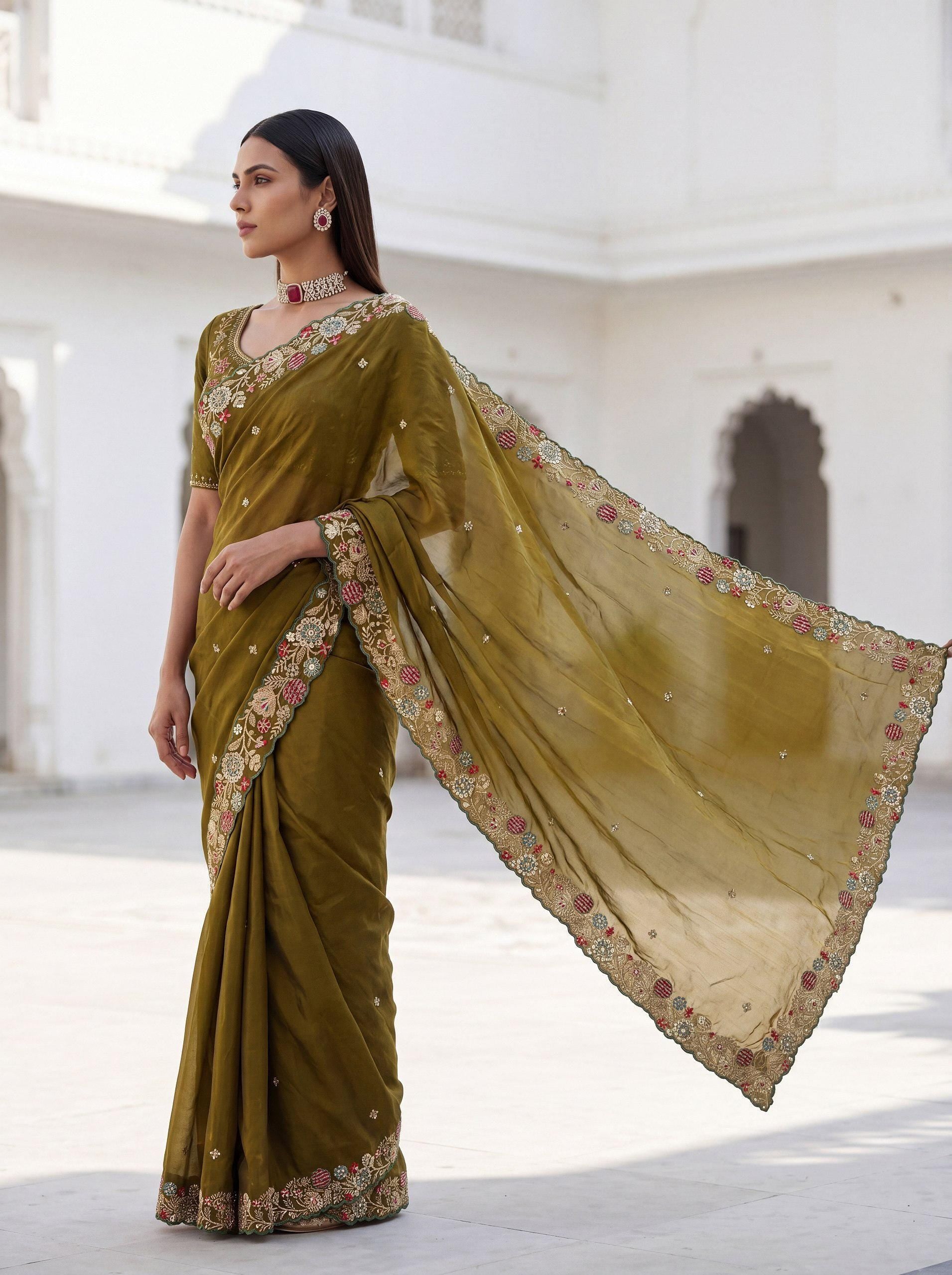 Fendy Satin Silk Saree with Embroidered Butti & Cutwork Border | Wedding Heavy Blouse