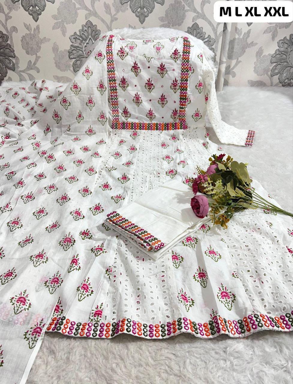 Cotton Chikankari Anarkali Kurti Set with Mirror Work, Lace Pant Dupatta
