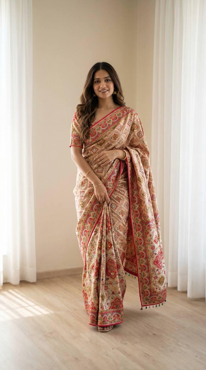 Roman Silk Ajrakh Saree, Real Mirror Work, Festive Wedding Wear, Ethnic Designer Sari