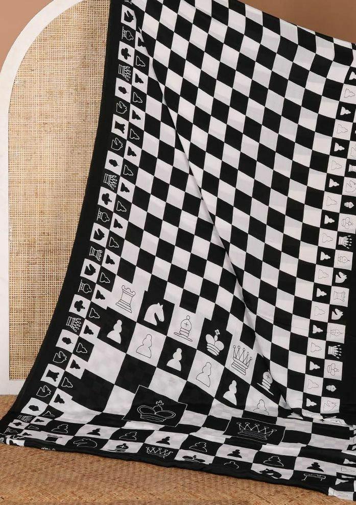 Ajrak Printed Crepe Satin Saree, Batik Check Blouse, Festive Casual Wear