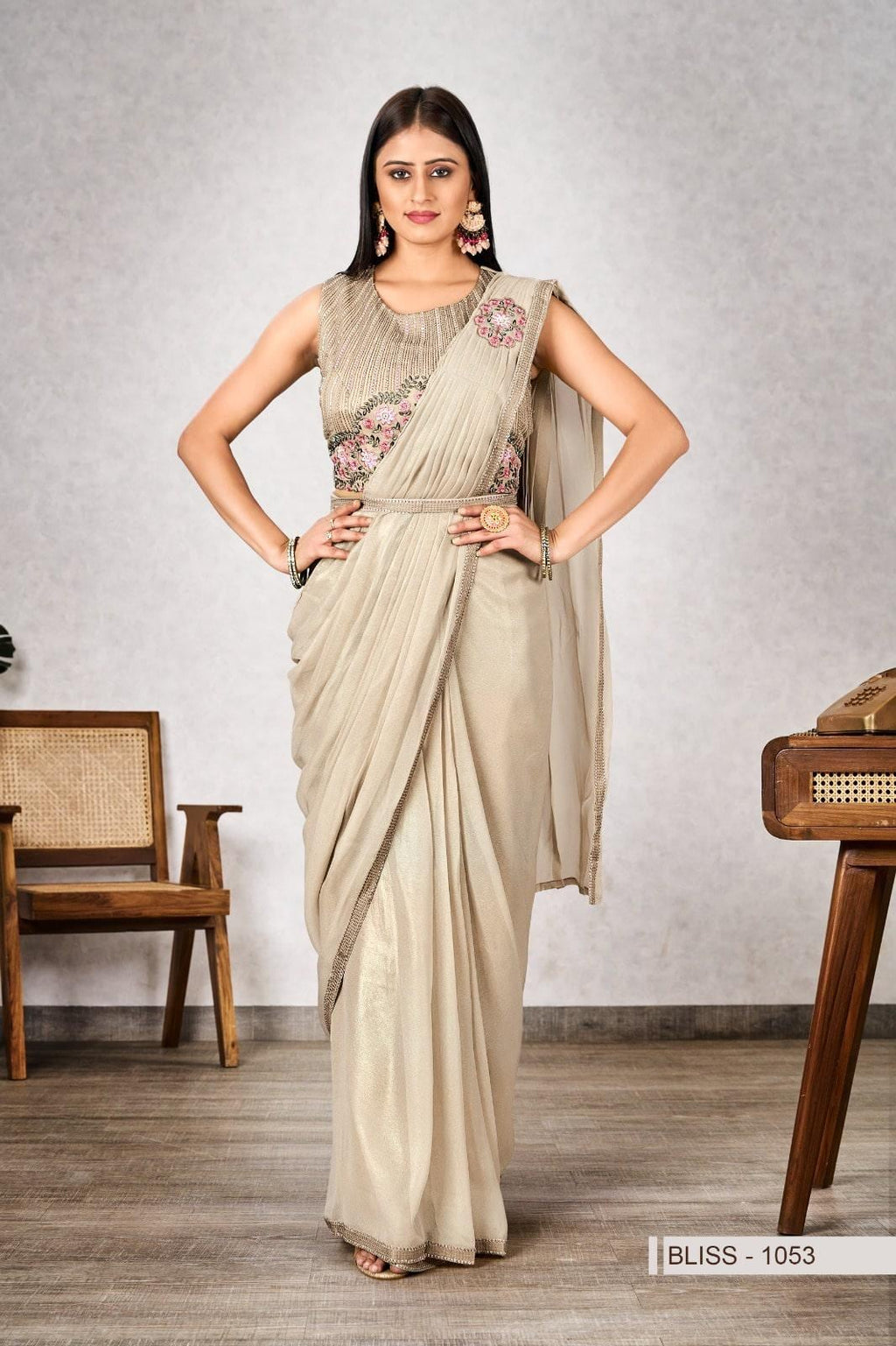 Ready-to-Wear Shimmer Georgette Saree with Embroidered Sequin Blouse, Festive Wear