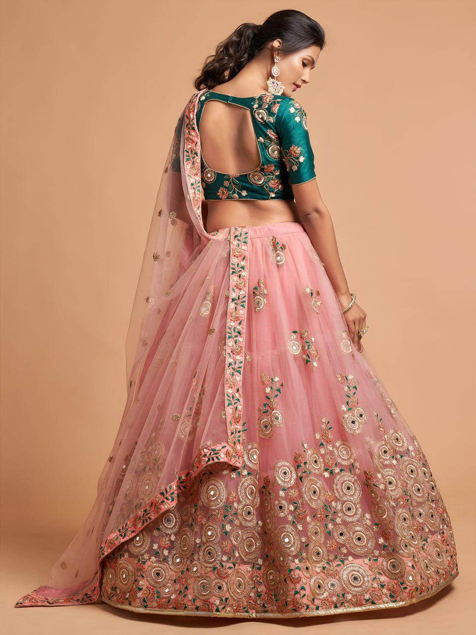 Peach Pink Net Lehenga Choli | Mirror Work, Floral Embroidery, Green Blouse