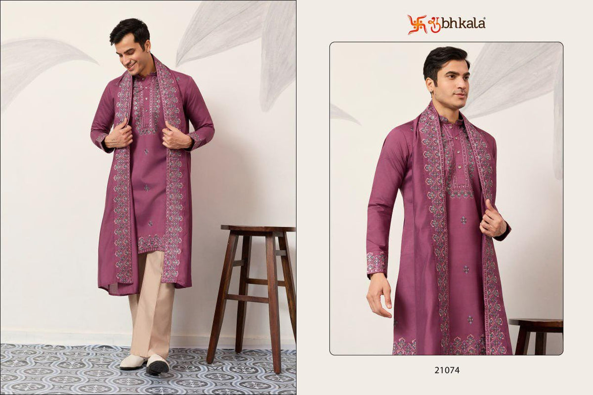 Men's Viscose Silk Kurta Set with Dupatta and Pant, Festive Ethnic Wear