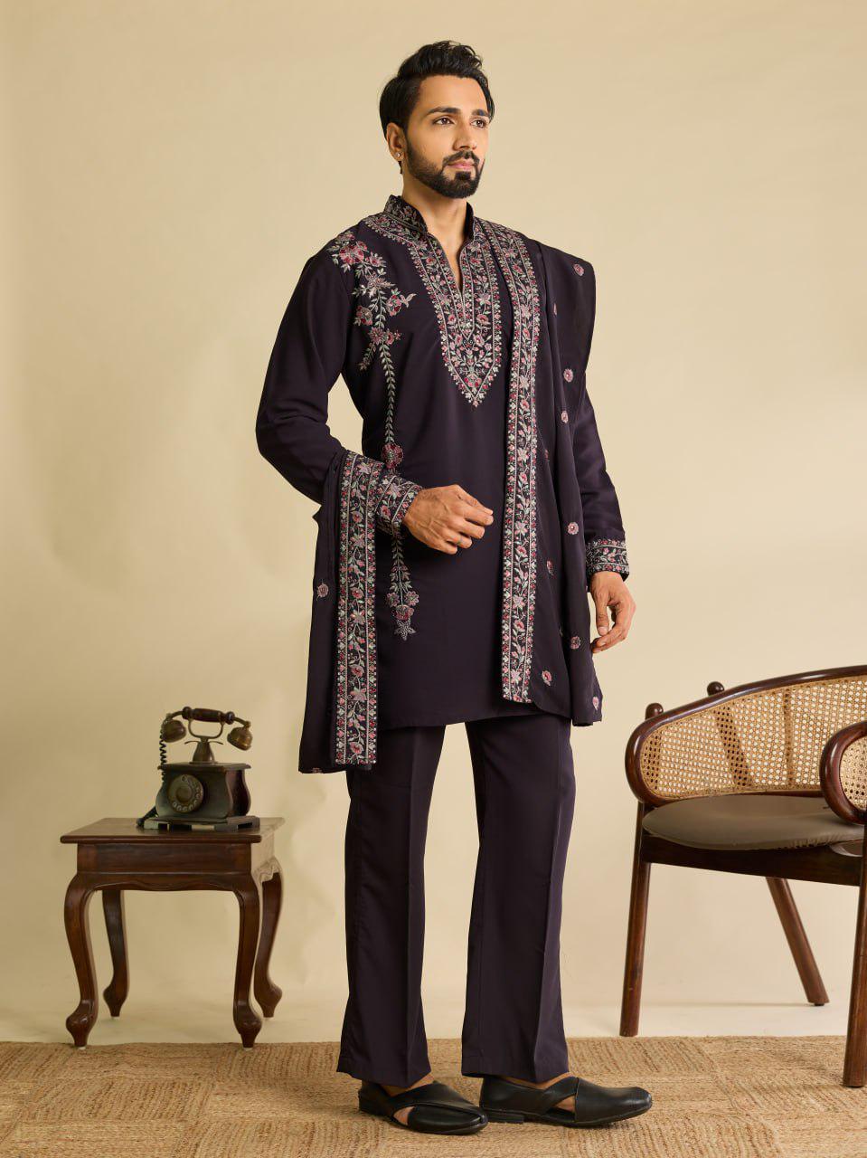 Embroidered Japanese Fabric Kurta Pant Set with Dupatta | Festive Ethnic Wear