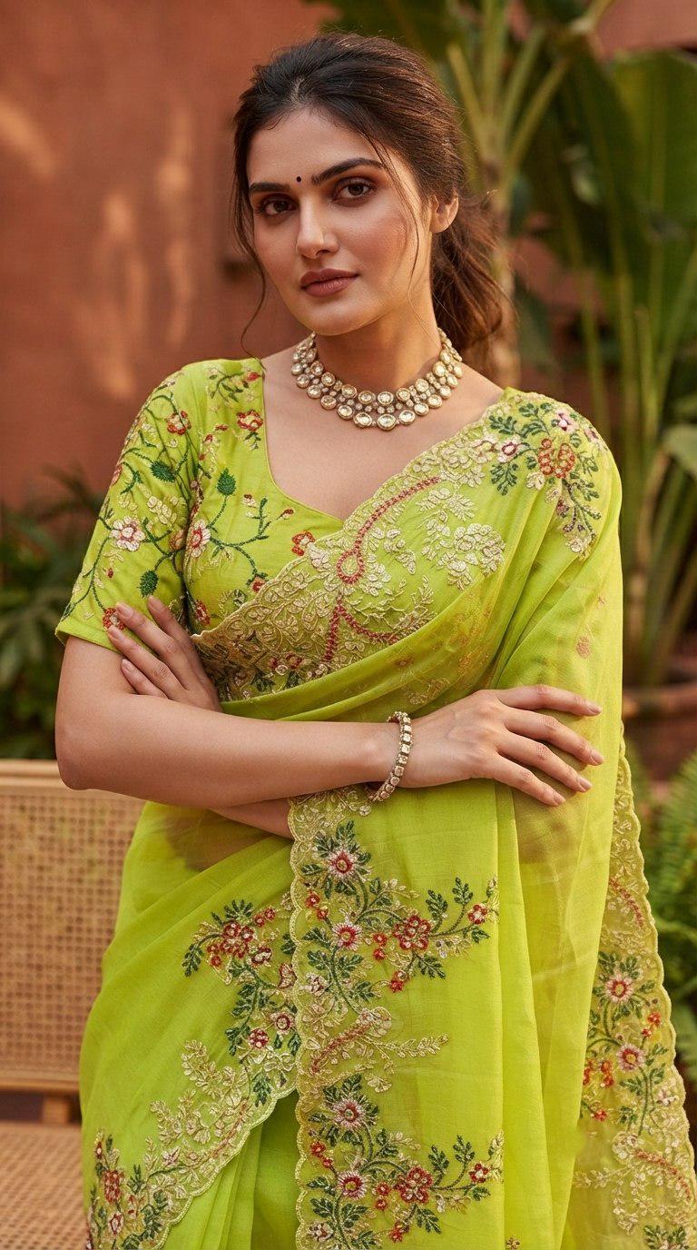 Paper Silk Saree Embroidered Sequins Cutwork Border | Designer Wedding Party Wear Blouse