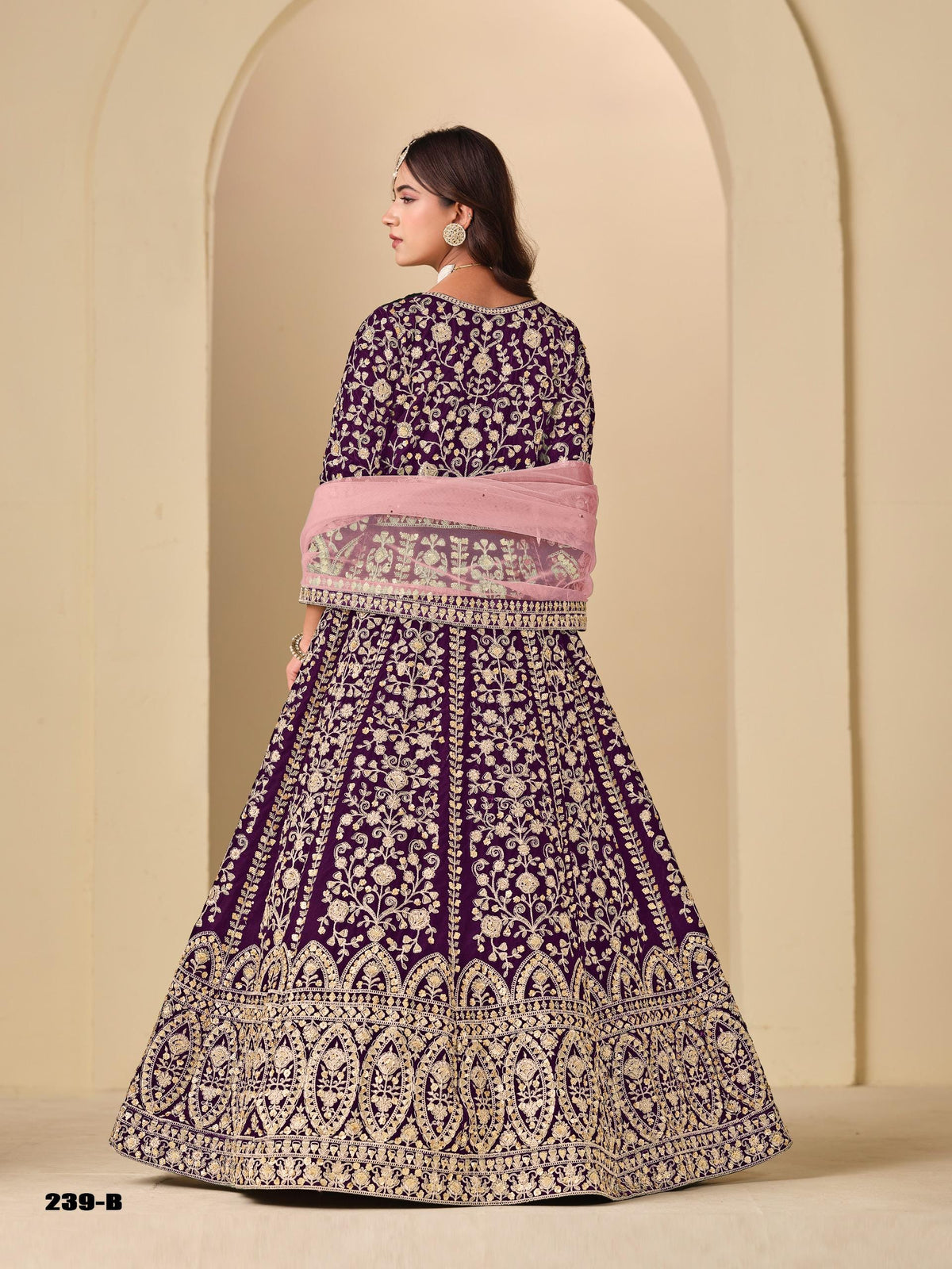 Velvet Embroidered Lehenga Set Net Dupatta, Heavy Work Outfit (Custom Stitch Up to 44)
