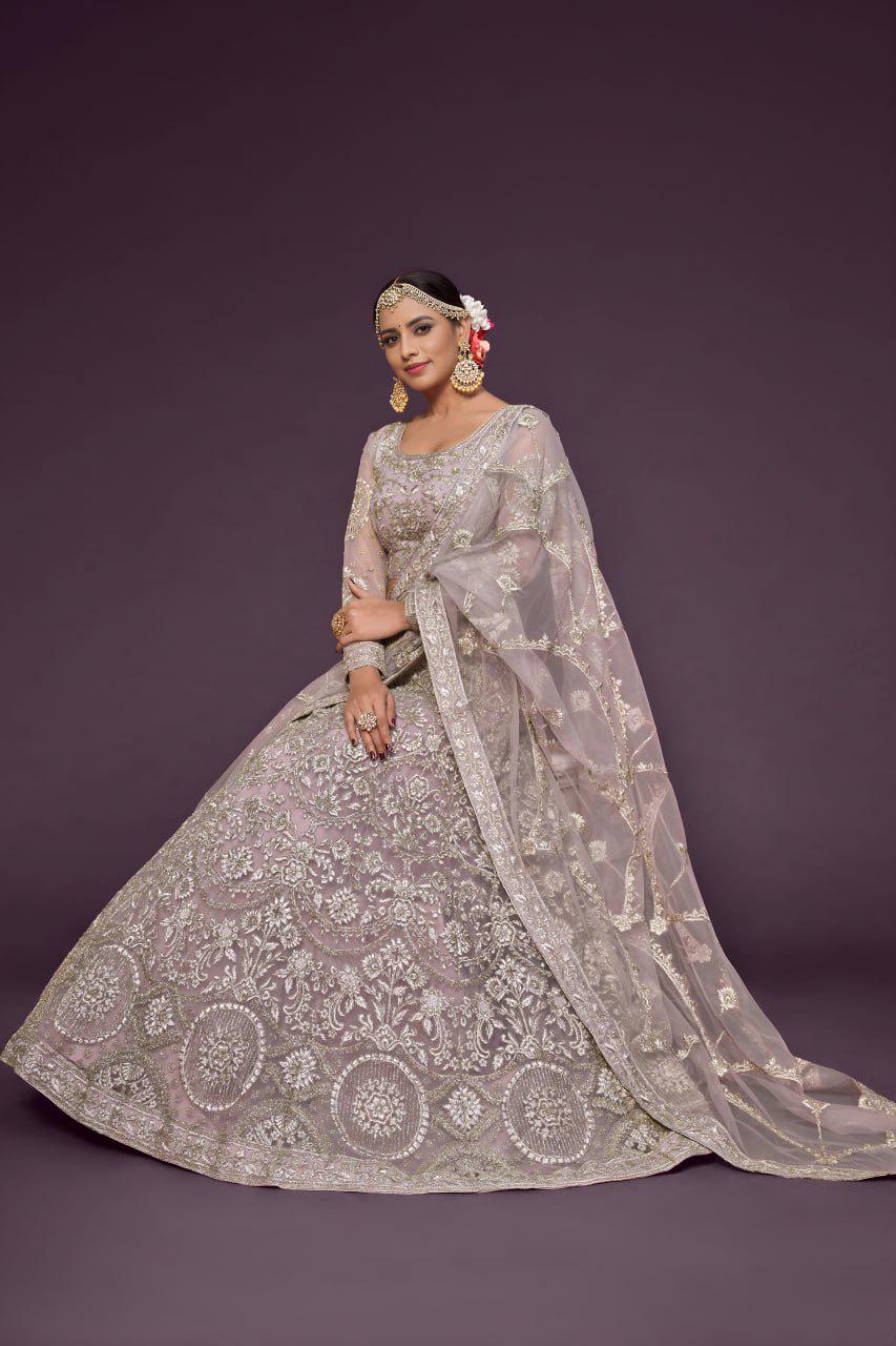 Lavender Net Lehenga Choli Set, Zari Badla Glitter Embroidery, Semi-Stitched Wedding Dupatta