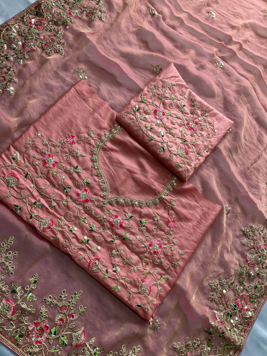 Moss Chiffon Embroidered Saree, Cutwork Border, Banglory Silk Blouse, Festive Wear