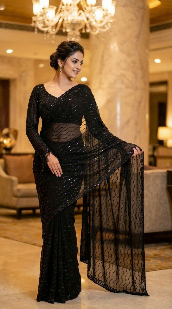 Pure Space Silk Saree | Diamond Work, Cutwork Border, Designer Blouse