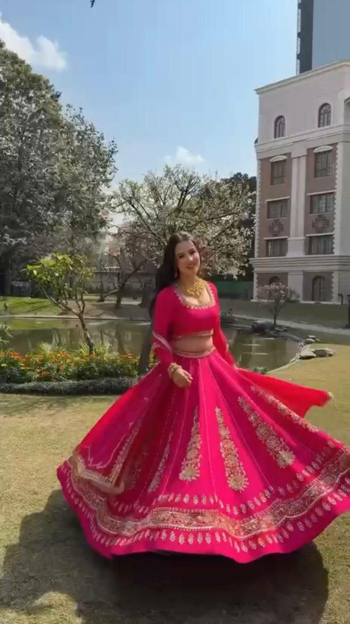 Embroidered Chinon Lehenga Choli Set | Wedding Festive Wear, Sequin Work Dupatta