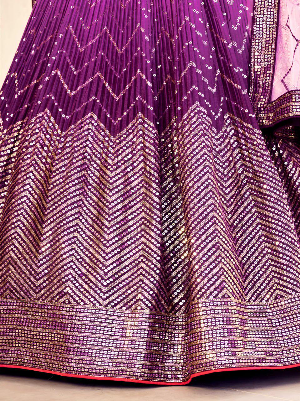 Purple Chinnon Lehenga Choli Set | Thread Sequin Embroidered Wedding A-Line Lehenga, Net Dupatta