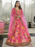 Pink Floral Art Silk Lehenga Choli, Dori Zari Sequins Embroidered Dupatta