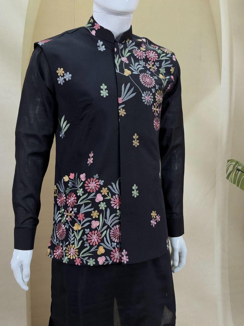 Men's Roman Silk Kurta Pant Set with Embroidered Koti | Festive Ethnic Wear
