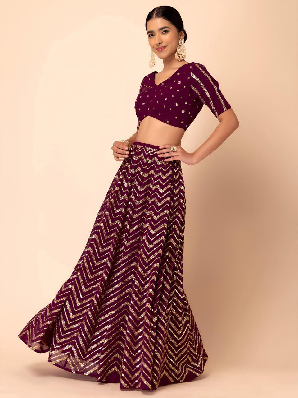 Maroon Georgette Lehenga Choli Set | Sequin Embroidered Semi-Stitched Wedding Party Wear (Dupatta Included)