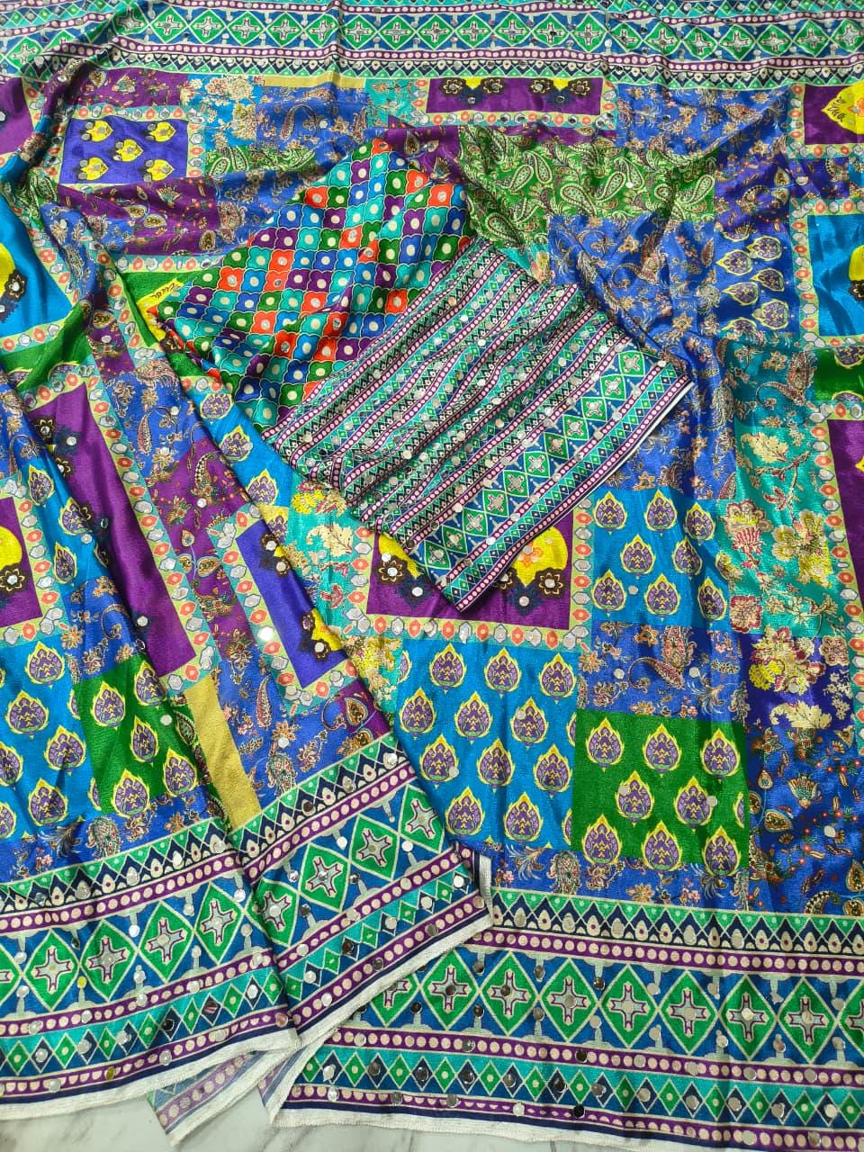 Chinon Silk Saree, Real Mirror Work, Printed Designer, Festive Party Wear (Unstitched Blouse)