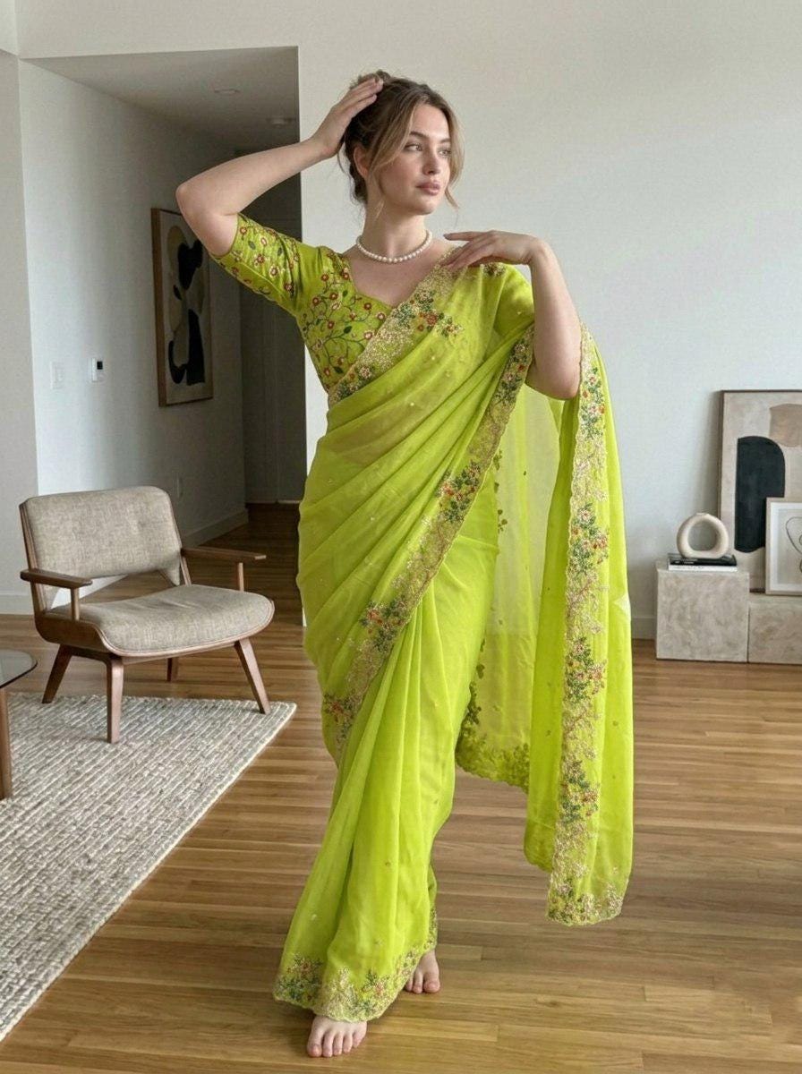 Zimmy Chu Silk Saree, Embroidered Butta, Cutwork Border, Wedding Designer Saree, Mono Banglory Blouse